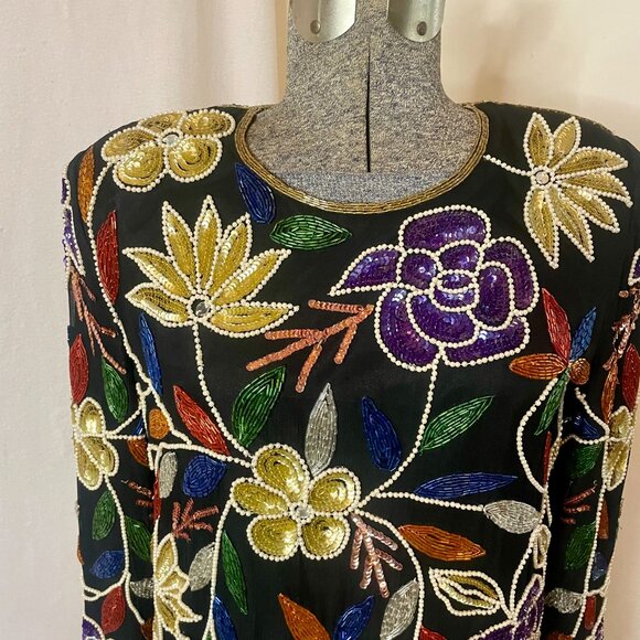 Vintage Crystal Creations floral sequined and beaded silk shirt - Picture 2 of 8